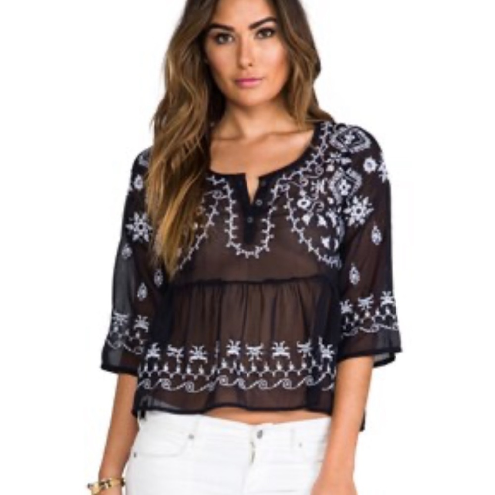Free People Pennies Shear Emroboidered Top in Navy Combo Top